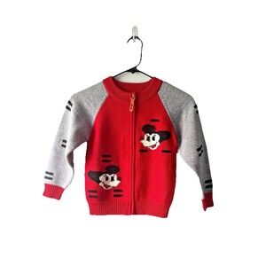 Vintage Mickey Mouse Knit Zip-Up Sweater Jacket Red Gray Kids Cartoon Character